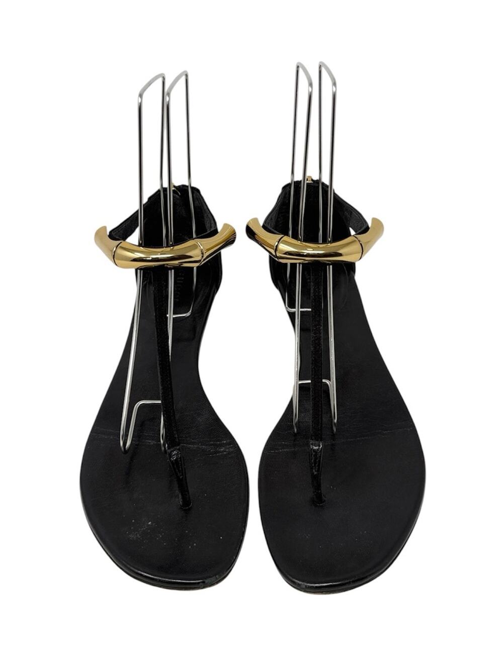 Gucci Coraline Black Suede Gold Bamboo Accent Flat Sandals Size 37.5